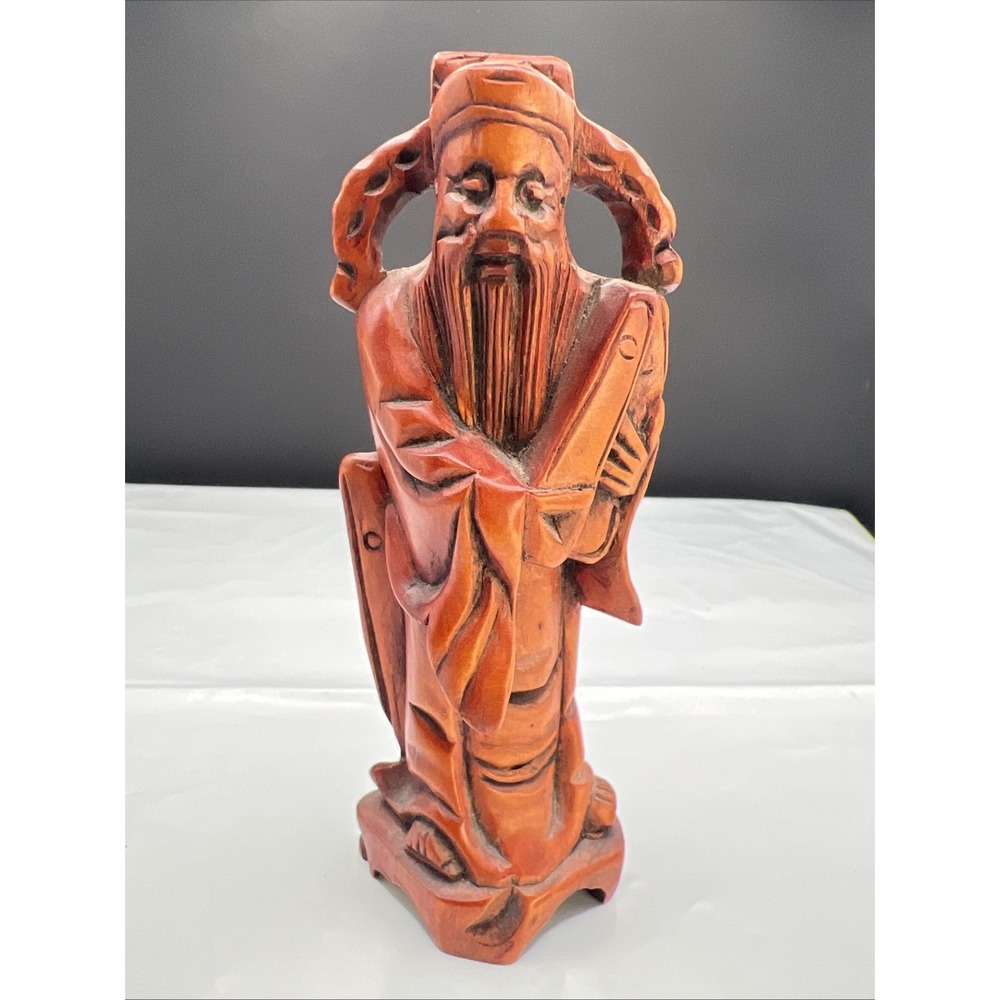 Vintage Faux Wood Resin Chinese Lu Xing Figurine Star Taoistβ God Of Prosperity